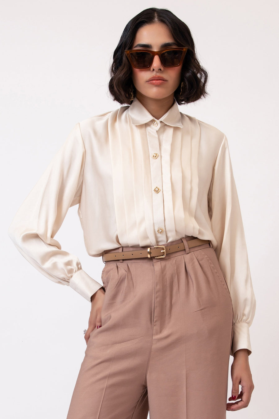 Plissé Button Up  Shirt Off White