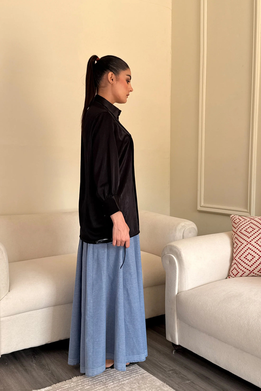 Plissé Button Up  Shirt Black