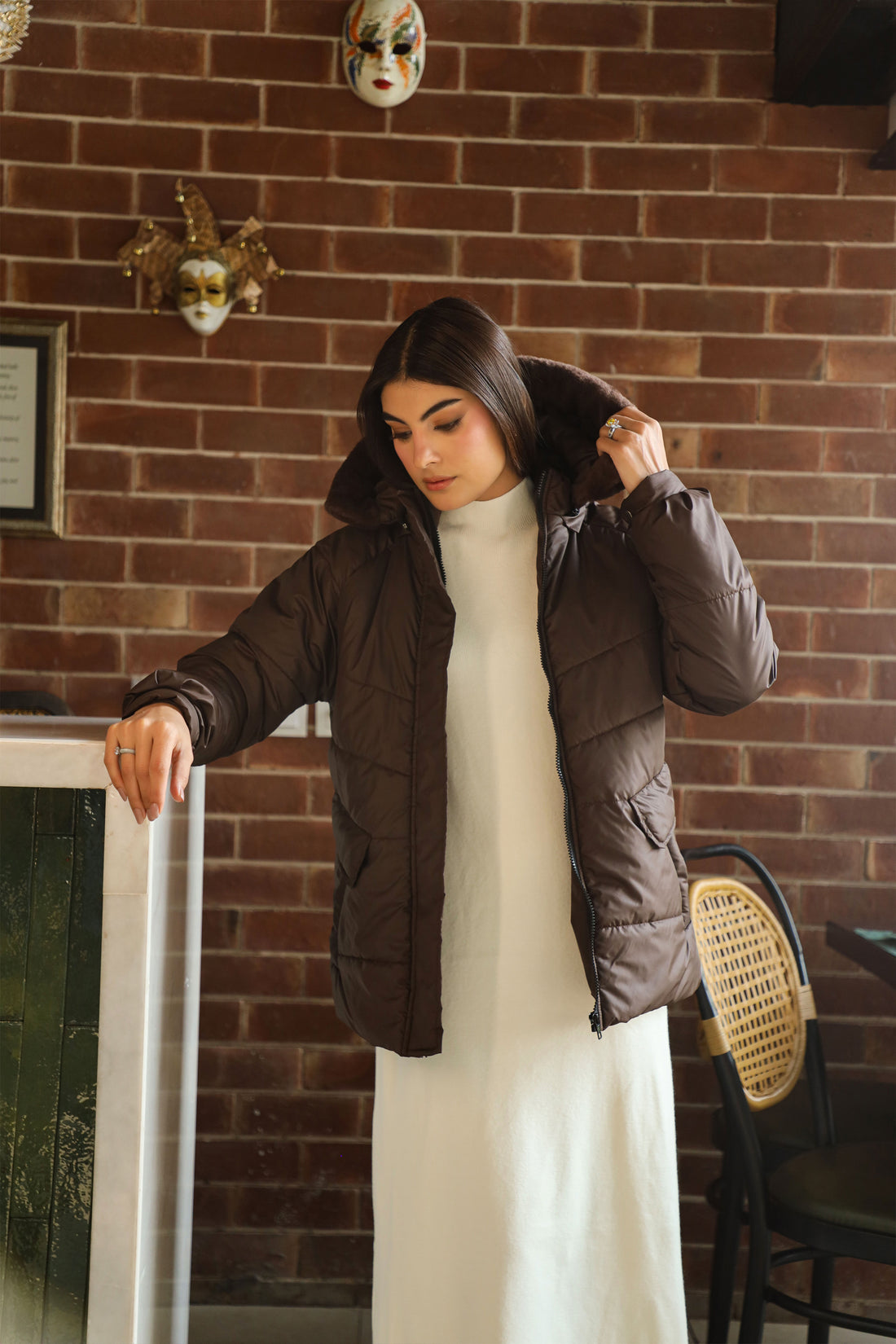 Zino puffer jacket with fur Hoodie brown