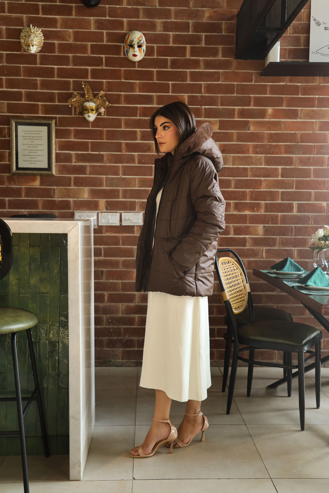 Zino puffer jacket with fur Hoodie brown