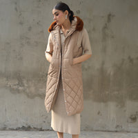 Hannah Neo Long Sleeveless Jacket with Fur hoodie Sand