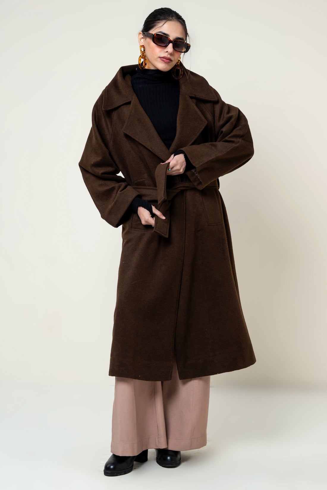 JUNO BELTED COAT CHOCOLATE BROWN